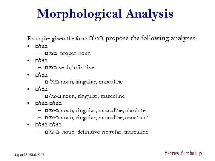Morphological Analysis Example: given the form בצלם propose the following ● בצלם – בצלם