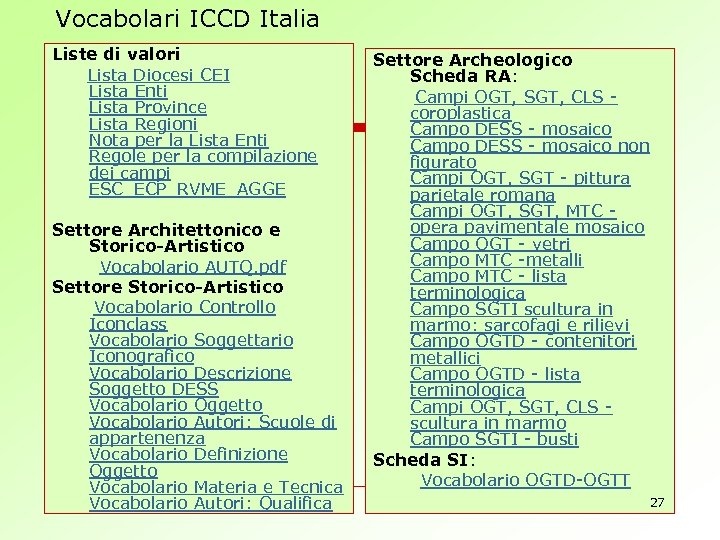 Vocabolari ICCD Italia Liste di valori Lista Diocesi CEI Lista Enti Lista Province Lista