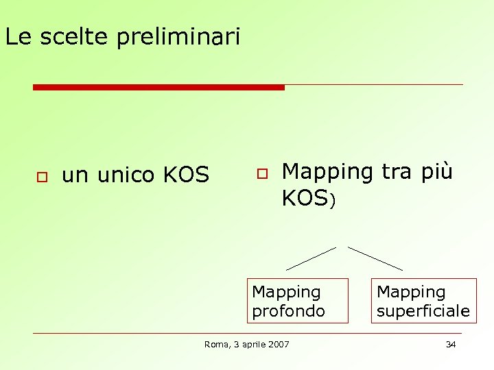 Le scelte preliminari o un unico KOS o Mapping tra più KOS) Mapping profondo