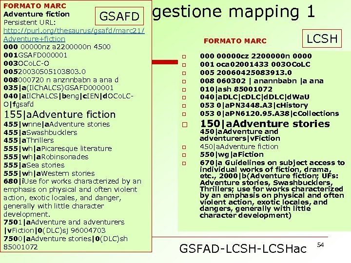  gestione mapping 1 GSAFD FORMATO MARC Adventure fiction Persistent URL: http: //purl. org/thesaurus/gsafd/marc