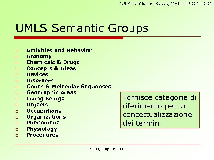 (ULMS / Yildiray Kabak, METU-SRDC), 2004 UMLS Semantic Groups o o o o Activities