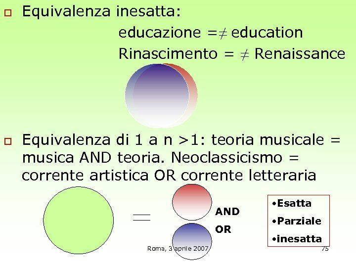 Equivalenza inesatta: educazione =≠ education Rinascimento = ≠ Renaissance o o Equivalenza di 1