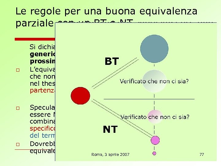Le regole per una buona equivalenza parziale con un BT o NT Si dichiara