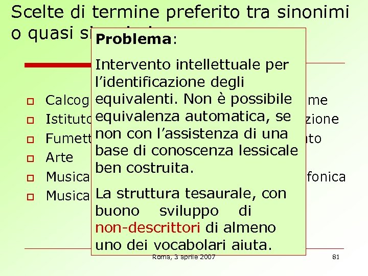Scelte di termine preferito tra sinonimi o quasi sinonimi Problema: o o o Intervento