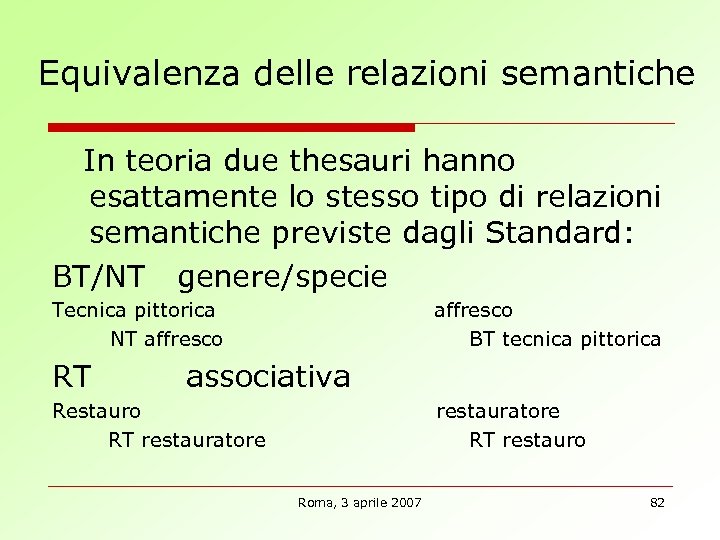 Equivalenza delle relazioni semantiche In teoria due thesauri hanno esattamente lo stesso tipo di