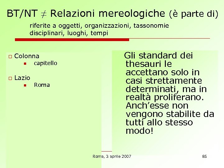 BT/NT ≠ Relazioni mereologiche (è parte di) riferite a oggetti, organizzazioni, tassonomie disciplinari, luoghi,