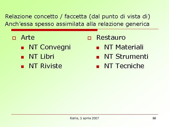Relazione concetto / faccetta (dal punto di vista di) Anch’essa spesso assimilata alla relazione
