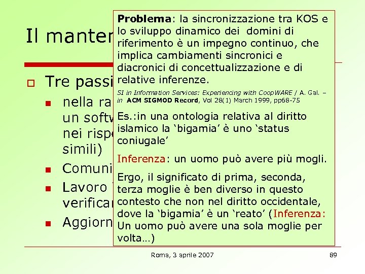 Problema: la sincronizzazione tra KOS e lo sviluppo dinamico dei domini di riferimento è