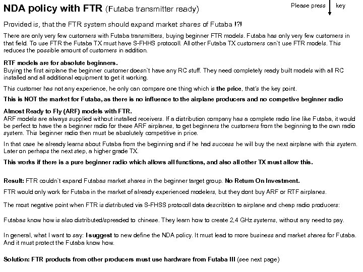 NDA policy with FTR (Futaba transmitter ready) Please press key Provided is, that the