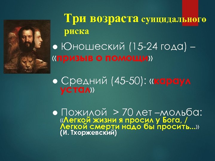 Три возраста суицидального риска ● Юношеский (15 -24 года) – «призыв о помощи» ●