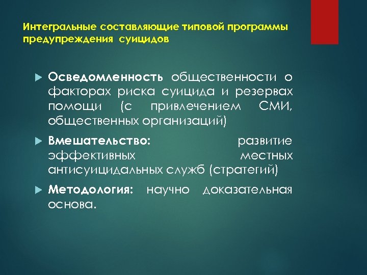 Интегральные составляющие типовой программы предупреждения суицидов Осведомленность общественности о факторах риска суицида и резервах