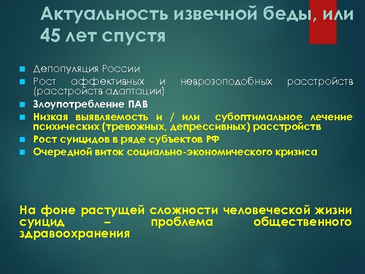 Актуальность извечной беды, или 45 лет спустя Депопуляция России Рост аффективных и неврозоподобных расстройств