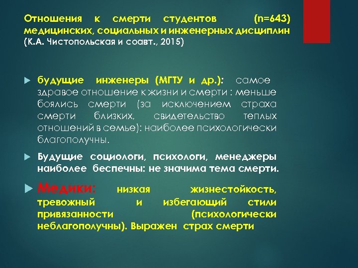 Отношения к смерти студентов (n=643) медицинских, социальных и инженерных дисциплин (К. А. Чистопольская и