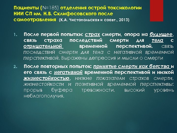 Пациенты (N=185) отделения острой токсикологии НИИ СП им. Н. В. Склифосовского после самоотравления (К.