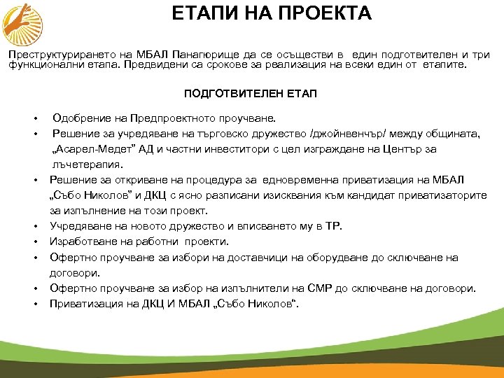 ЕТАПИ НА ПРОЕКТА Преструктурирането на МБАЛ Панагюрище да се осъществи в един подготвителен и