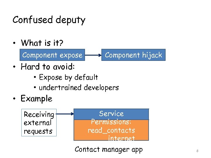 Confused deputy • What is it? Component expose Component hijack • Hard to avoid: