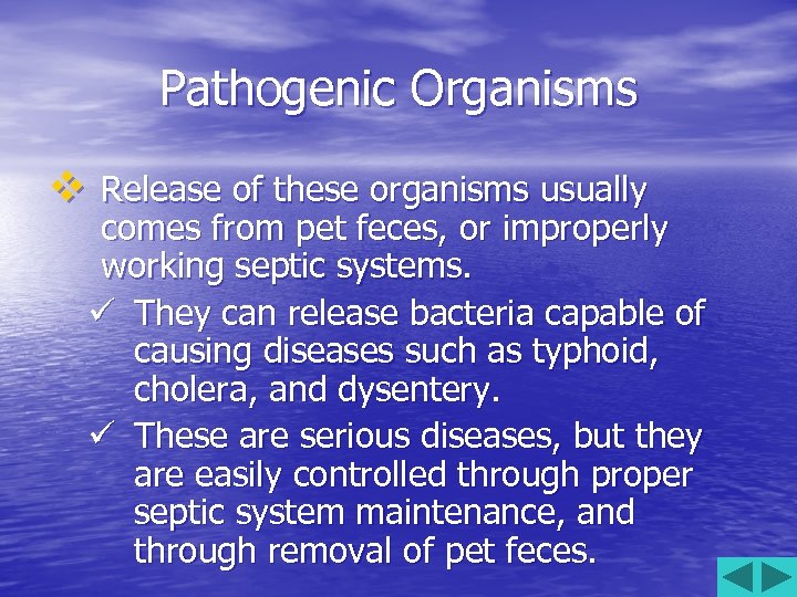 Pathogenic Organisms v Release of these organisms usually comes from pet feces, or improperly
