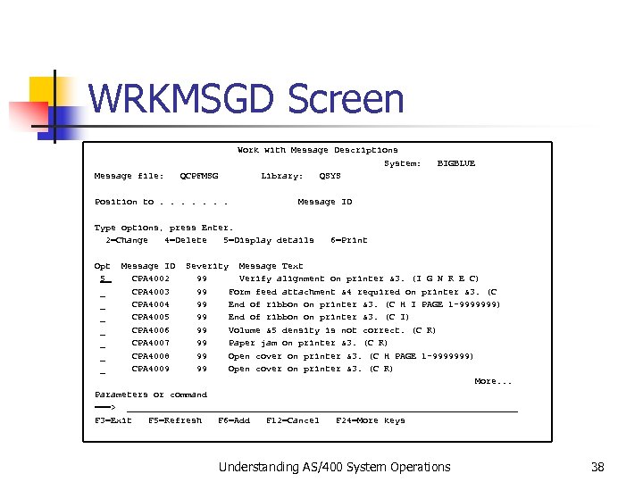 WRKMSGD Screen Work with Message Descriptions System: BIGBLUE Message file: QCPFMSG Library: QSYS Position