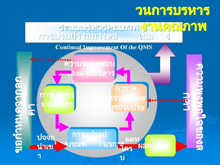 วนการบรหาร ระบบบรหารคณภาพ งานคณภาพ การปรบปรงอยางตอ เนอ ง ความรบผดชอบ ของฝายบรหาร การบรหาร ทรพยากร การวด การวเคราะห การปรบปรง การแปรรป