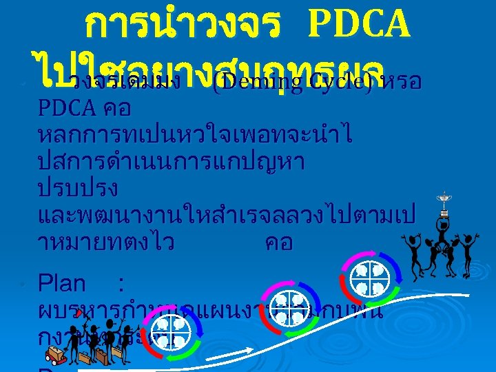 การนำวงจร PDCA • ไปใชอยางสมฤทธผล วงจรเดมมง (Deming Cycle) หรอ PDCA คอ หลกการทเปนหวใจเพอทจะนำไ ปสการดำเนนการแกปญหา ปรบปรง และพฒนางานใหสำเรจลลวงไปตามเป