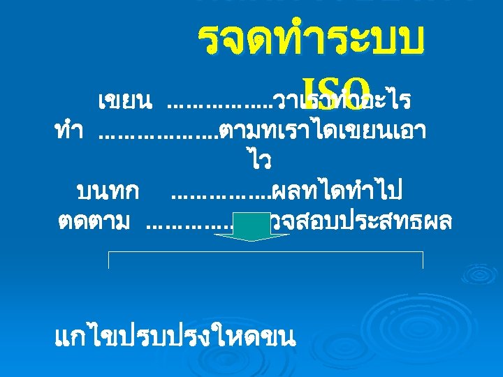 หลกการของกา รจดทำระบบ เขยน ……………. . วาเราทำอะไร ISO ทำ ………………. ตามทเราไดเขยนเอา ไว บนทก ……………. ผลทไดทำไป