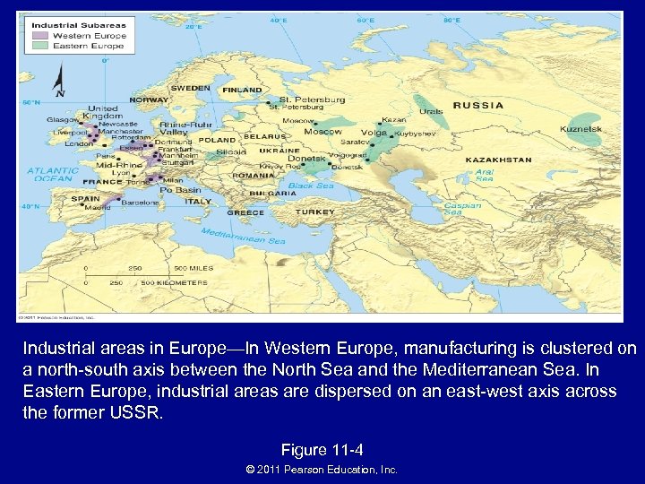 Industrial areas in Europe—In Western Europe, manufacturing is clustered on a north-south axis between