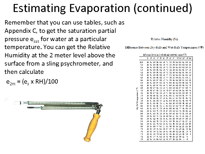 Estimating Evaporation (continued) Remember that you can use tables, such as Appendix C, to