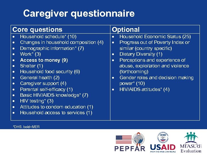 Caregiver questionnaire Core questions Household schedule* (10) Changes in household composition (4) Demographic information*
