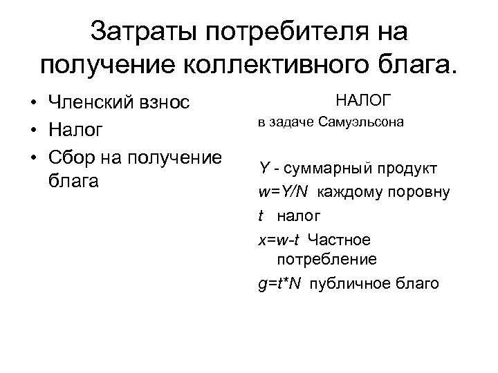 Затраты потребителя на получение коллективного блага. • Членский взнос • Налог • Сбор на