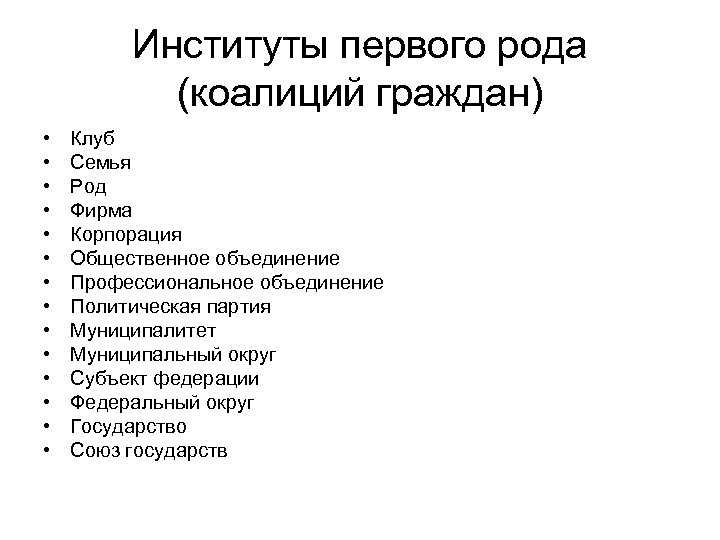 Институты первого рода (коалиций граждан) • • • • Клуб Семья Род Фирма Корпорация