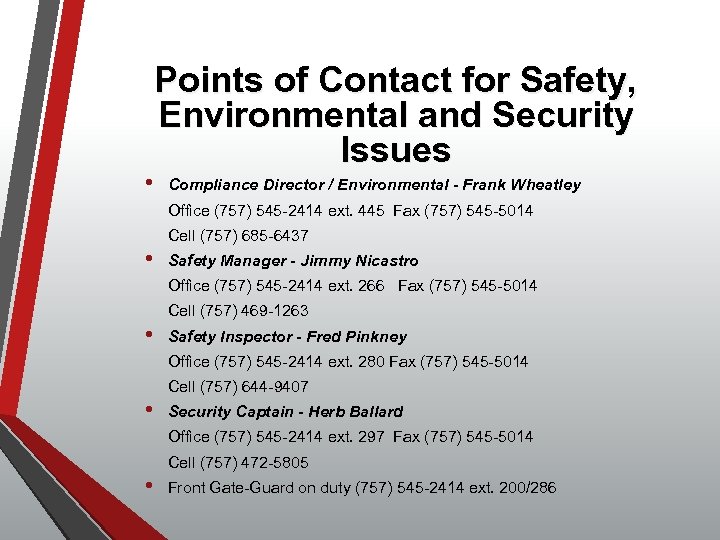 • Points of OF CONTACT POINTS Contact for Safety, Environmental and Security Issues