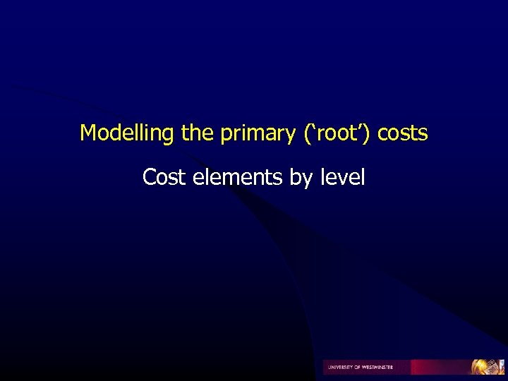 Modelling the primary (‘root’) costs Cost elements by level 