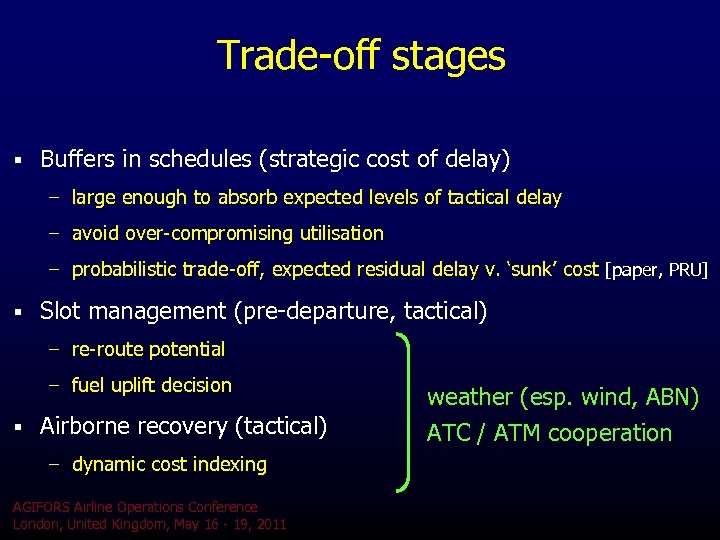 Trade-off stages § Buffers in schedules (strategic cost of delay) – large enough to