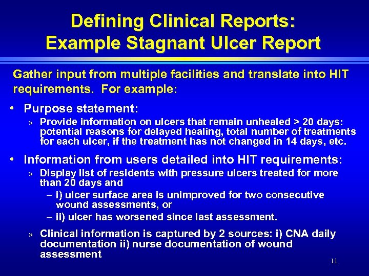 Defining Clinical Reports: Example Stagnant Ulcer Report Gather input from multiple facilities and translate