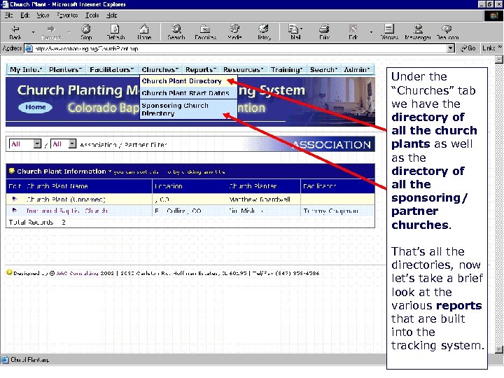 - Church Plant & Sponsoring Church Directories Under the “Churches” tab we have the