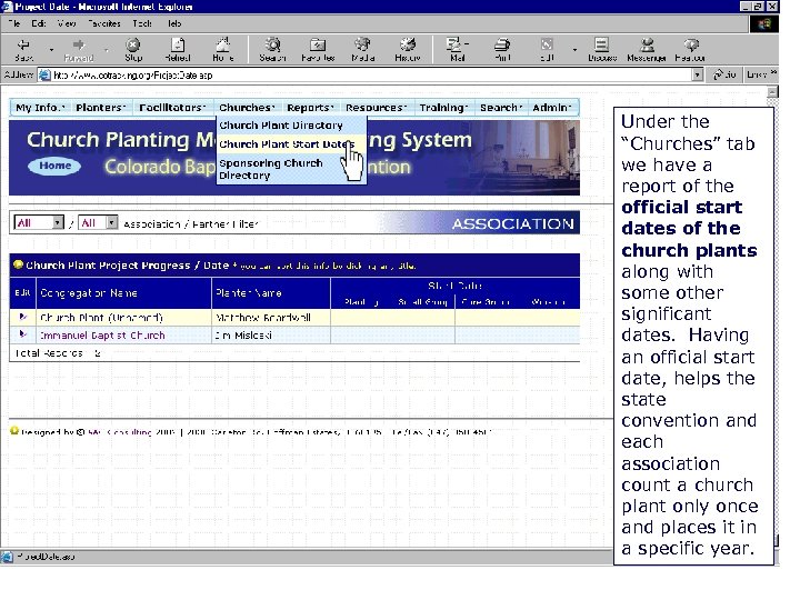 - Church Plant Start Dates Under the “Churches” tab we have a report of