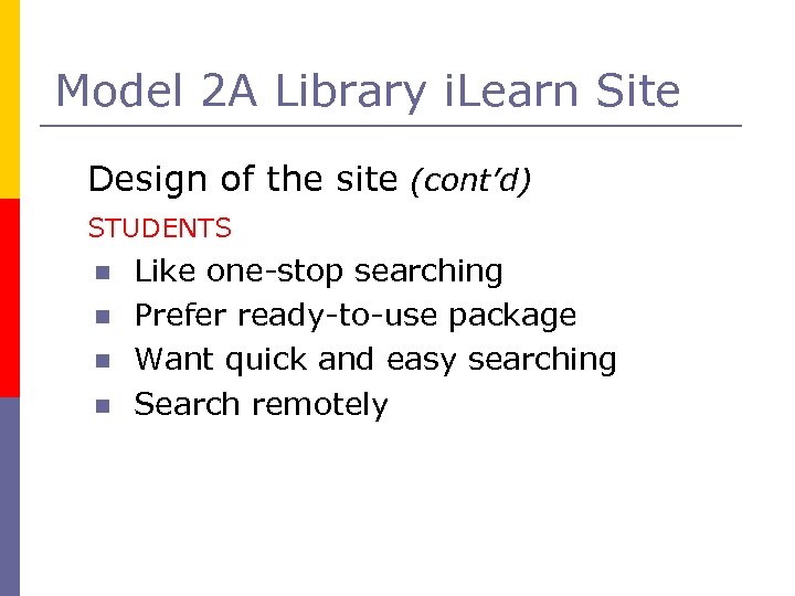 Model 2 A Library i. Learn Site Design of the site (cont’d) STUDENTS n