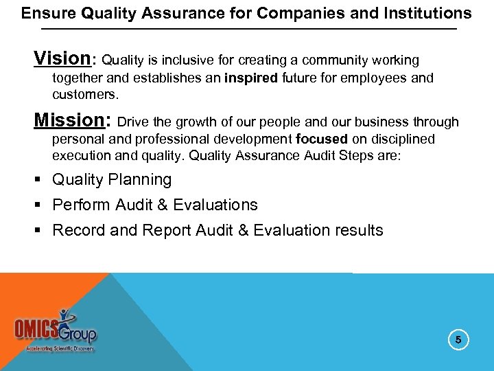 Ensure Quality Assurance for Companies and Institutions Vision: Quality is inclusive for creating a