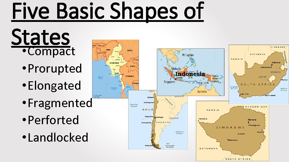 Five Basic Shapes of States • Compact • Prorupted • Elongated • Fragmented •