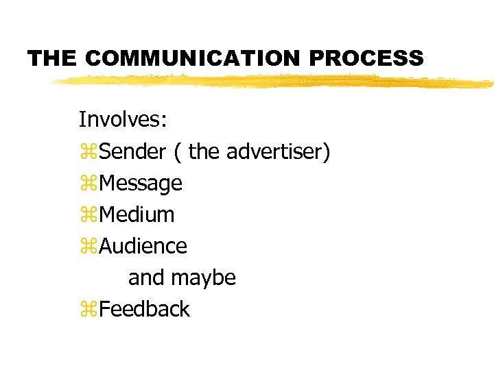 THE COMMUNICATION PROCESS Involves: z. Sender ( the advertiser) z. Message z. Medium z.