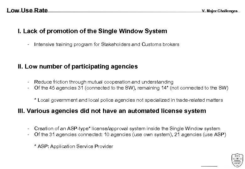 Low Use Rate V. Major Challenges I. Lack of promotion of the Single Window