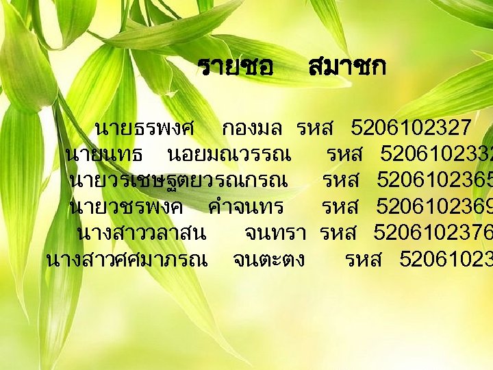 รายชอ สมาชก นาย ธรพงศ กองมล รหส 5206102327 นายนทธ นอยมณวรรณ รหส 5206102332 นาย วรเชษฐ ตยวรณกรณ