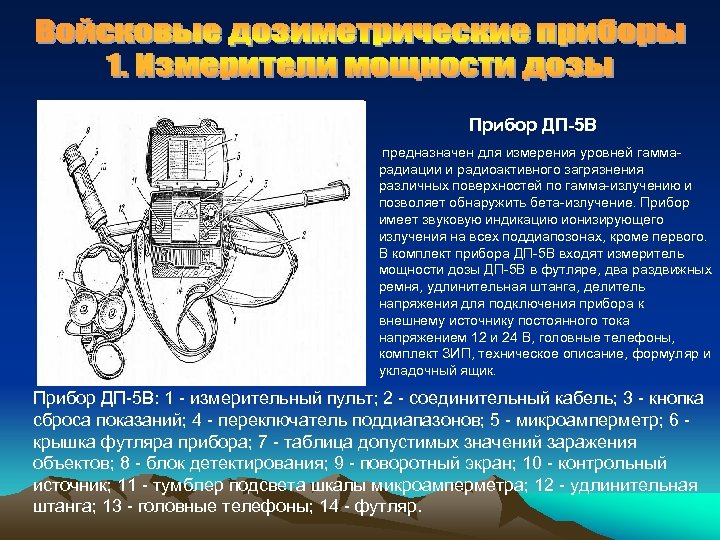 Прибор ДП-5 В предназначен для измерения уровней гаммарадиации и радиоактивного загрязнения различных поверхностей по