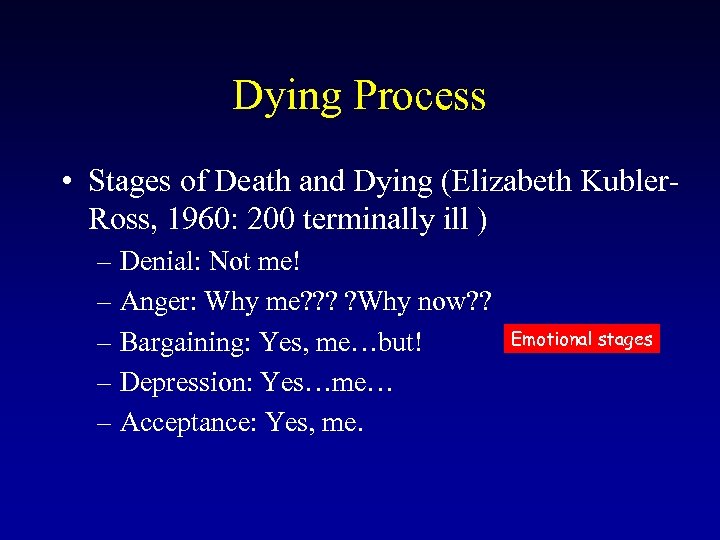 Dying Process • Stages of Death and Dying (Elizabeth Kubler. Ross, 1960: 200 terminally