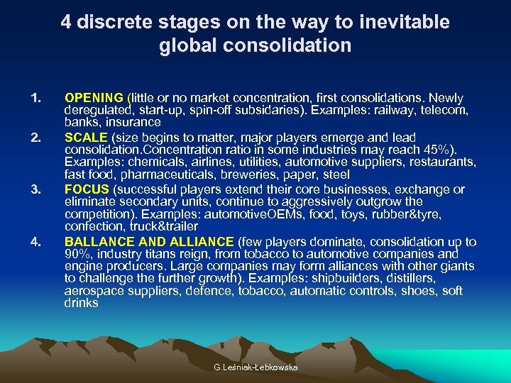 4 discrete stages on the way to inevitable global consolidation 1. 2. 3. 4.