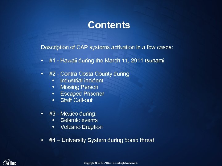 Contents Description of CAP systems activation in a few cases: • #1 - Hawaii