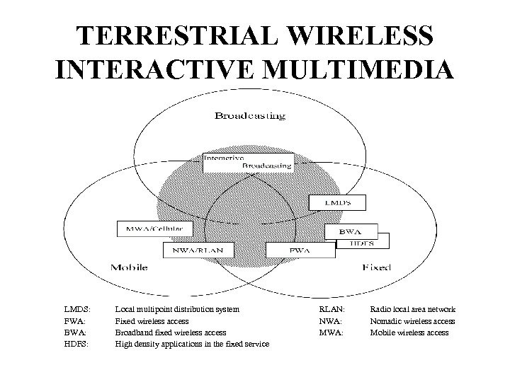 TERRESTRIAL WIRELESS INTERACTIVE MULTIMEDIA LMDS: FWA: BWA: HDFS: Local multipoint distribution system Fixed wireless