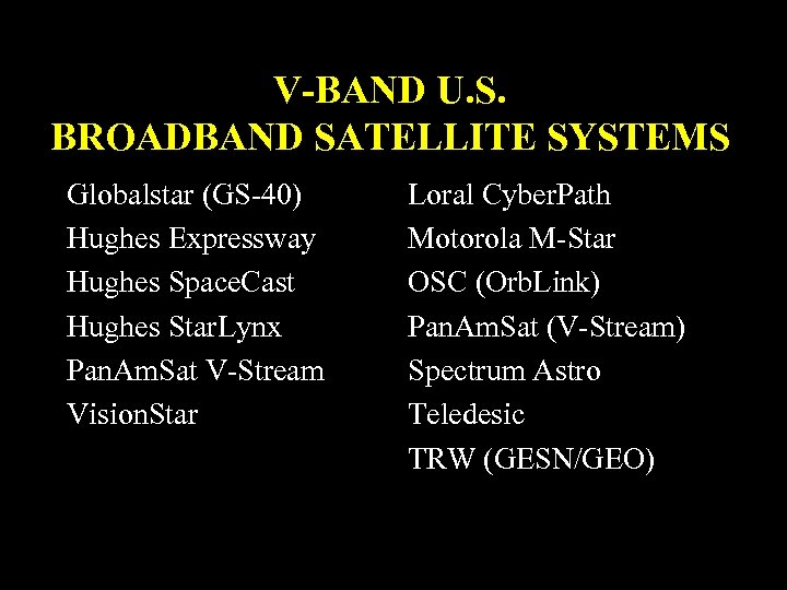 V-BAND U. S. BROADBAND SATELLITE SYSTEMS Globalstar (GS-40) Hughes Expressway Hughes Space. Cast Hughes