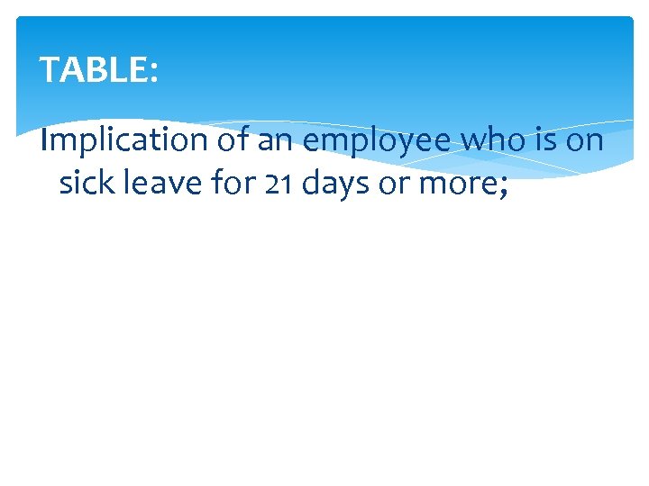 TABLE: Implication of an employee who is on sick leave for 21 days or