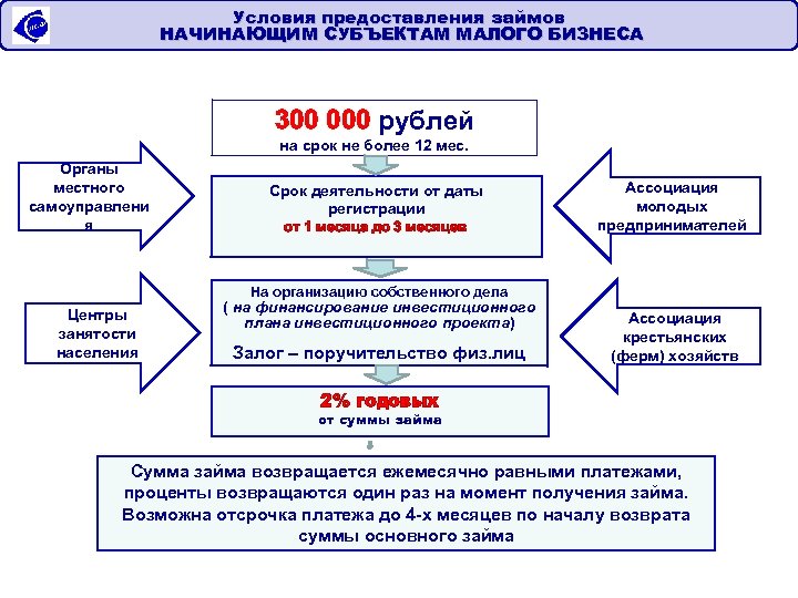 Условия предоставления займов НАЧИНАЮЩИМ СУБЪЕКТАМ МАЛОГО БИЗНЕСА 300 000 рублей на срок не более